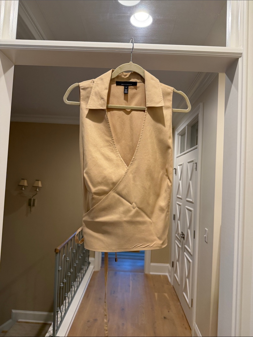 White House Black Market Sleeveless Wrap Collared Top in Beige